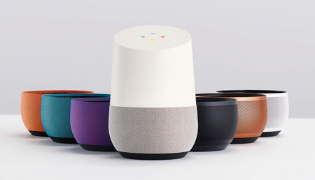 Google Home’s voice-connected smart home system comes in an array of colors, above.