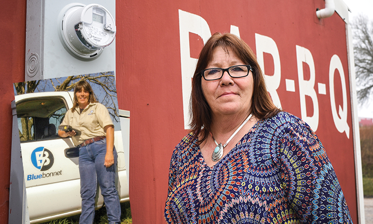 Carla Bates when she was a meter reader, at left, and today, above. She became a Bluebonnet employee in 1999 and recalled a few encounters with wasps, bees and spiders, including one black widow spider that gave her a nasty bite. Now she works to design the location of power lines, poles, equipment and meters for members receiving new service.