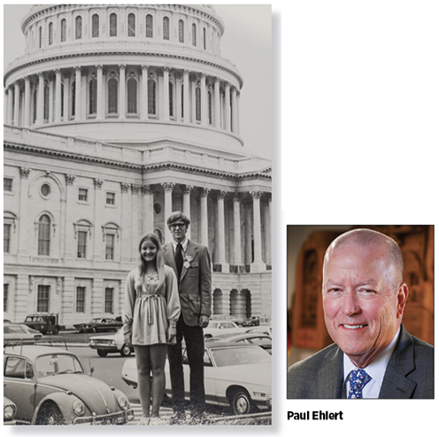 Bluebonnet’s representatives on the government youth tour in 1972, at left, were Roxanne Caperton and Paul Ehlert. Paul, of Brenham, went on to the University of Texas and its law school. He practiced as an attorney with his father, William J. Ehlert. He joined the staff of Germania Farm Mutual Insurance Association in 2004 and today is the president and CEO. 1972 photo courtesy of Paul Ehlert; photo of Ehlert now by Sarah Beal.