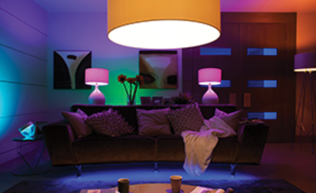 Phillips Hue Ambience bulbs let the user change the look and feel of a room with voice commands. The bulbs work with a variety of voice-command devices.