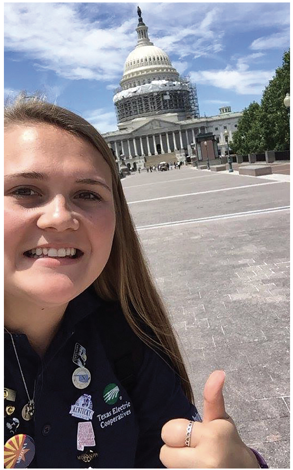 Whitney Whitsel, above, in a selfie in front of the U.S. Capitol during her 2016 government youth tour trip to Washington, D.C. Judges selected her to represent Bluebonnet on the tour, 58 years after her grandfather went on the inaugural trip.