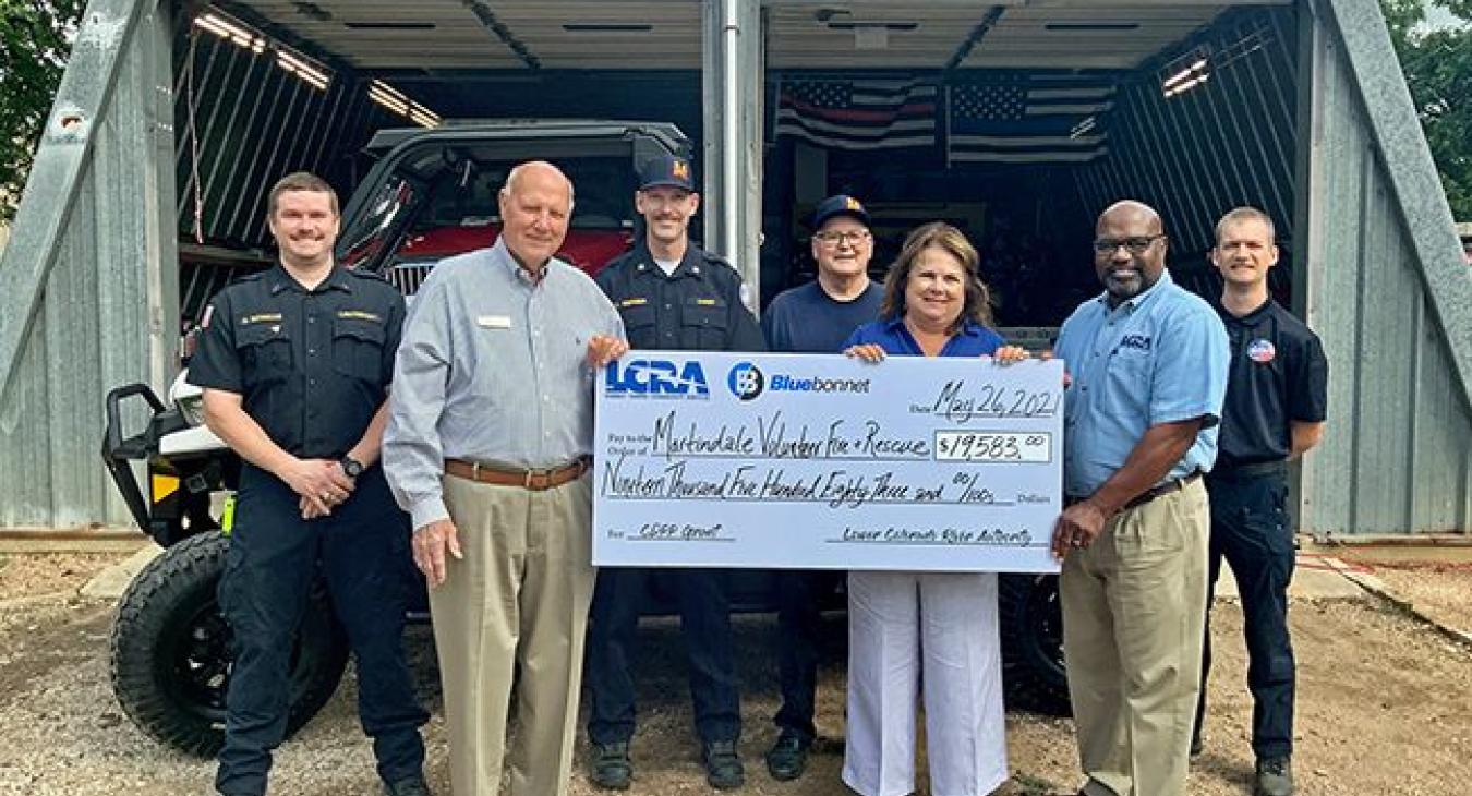 Pictured, from left to right, are: Drew Schulle, Martindale fire lieutenant; Milton Shaw, Bluebonnet Board member; Chris Germer, fire chief; Bill Glaze, Martindale fire board president; Joyce Buckner, Bluebonnet community representative; Rick Arnic, LCRA regional affairs representative; and Kyle Morris, firefighter.