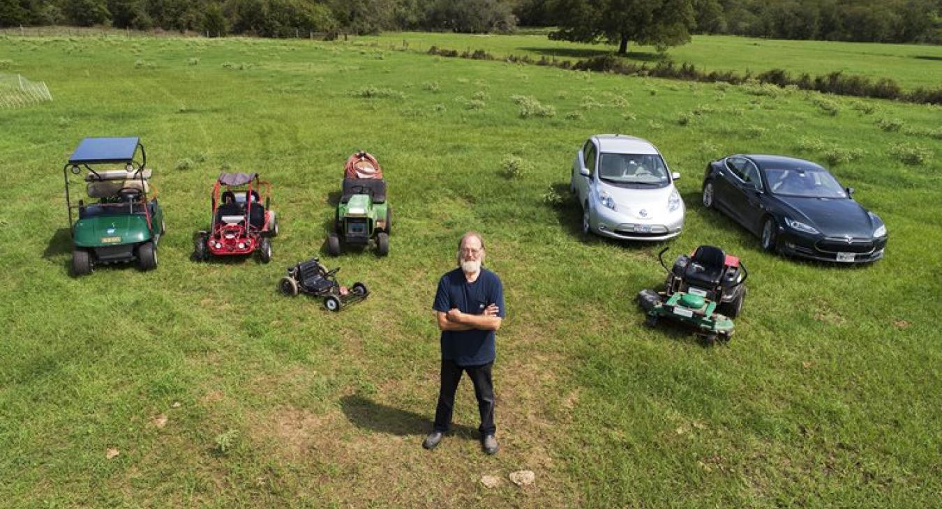 Scott Little has an extensive collection of electric vehicles, some of which he’s converted to electric himself. The collection includes a golf cart, dune buggy, go-kart, fire wagon, riding lawn mower, Nissan Leaf and Tesla Model S.