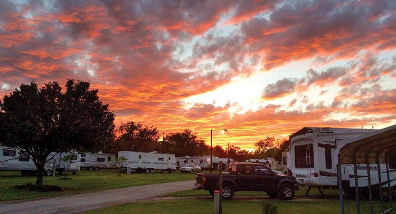 The sun sets on a beautiful spring day at the Bastrop RV Park. Texas has more RV owners than any other state, and new owners are shifting their destinations, from the traditional Rio Grande Valley region to Central Texas. Photo courtesy Barb Pape