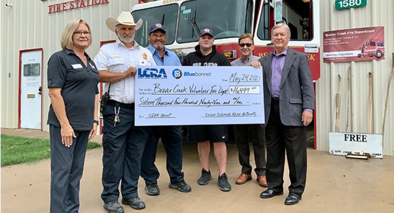 Pictured, from left to right, are: Lori A. Berger, LCRA board member; Joseph Walden, Beaver Creek VFD chief; Gary Kovar, Beaver Creek VFD firefighter; Zechariah Keener, Beaver Creek VFD firefighter; Johnny Sanders, Bluebonnet manager of community and development services; and Ben Flencher, Bluebonnet Board chairman.