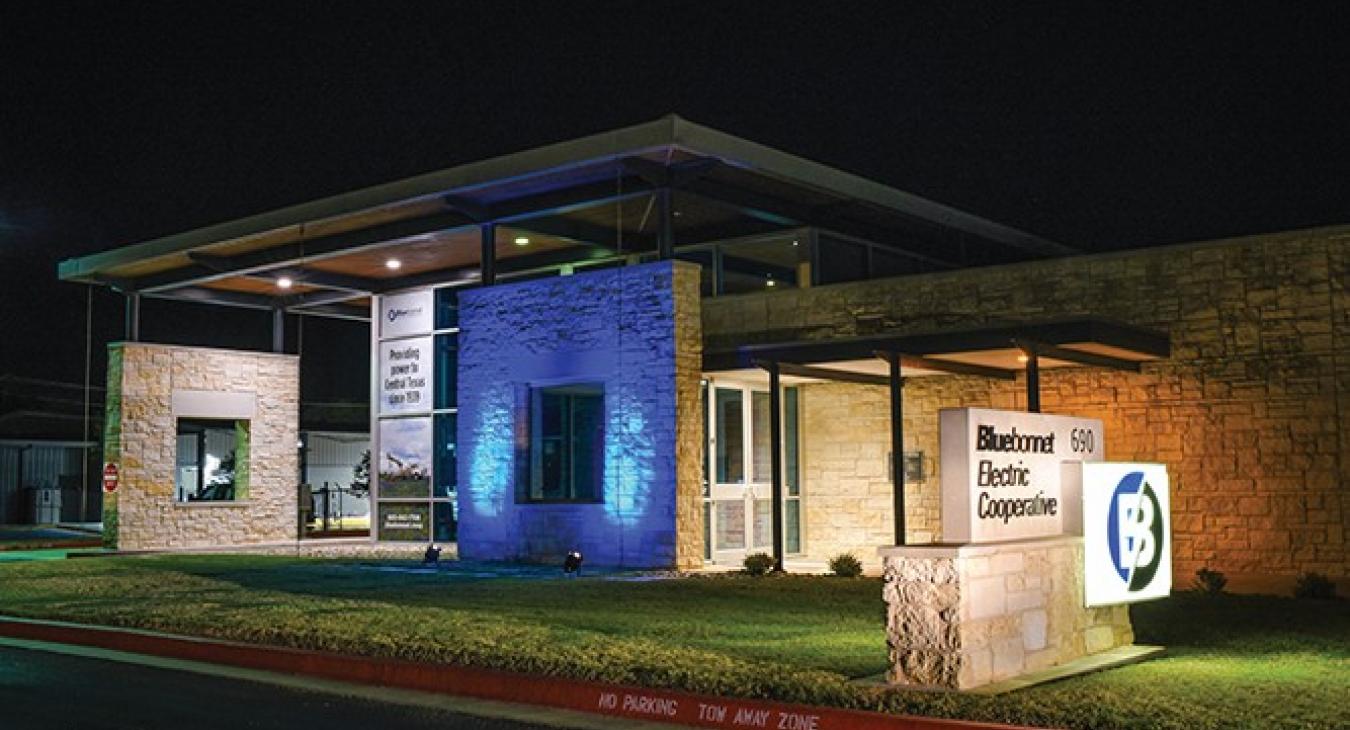 In April, Bluebonnet's five member service centers will have a pop of blue light at night to raise awareness for Child Abuse Prevention Month. (Sarah Beal photo)