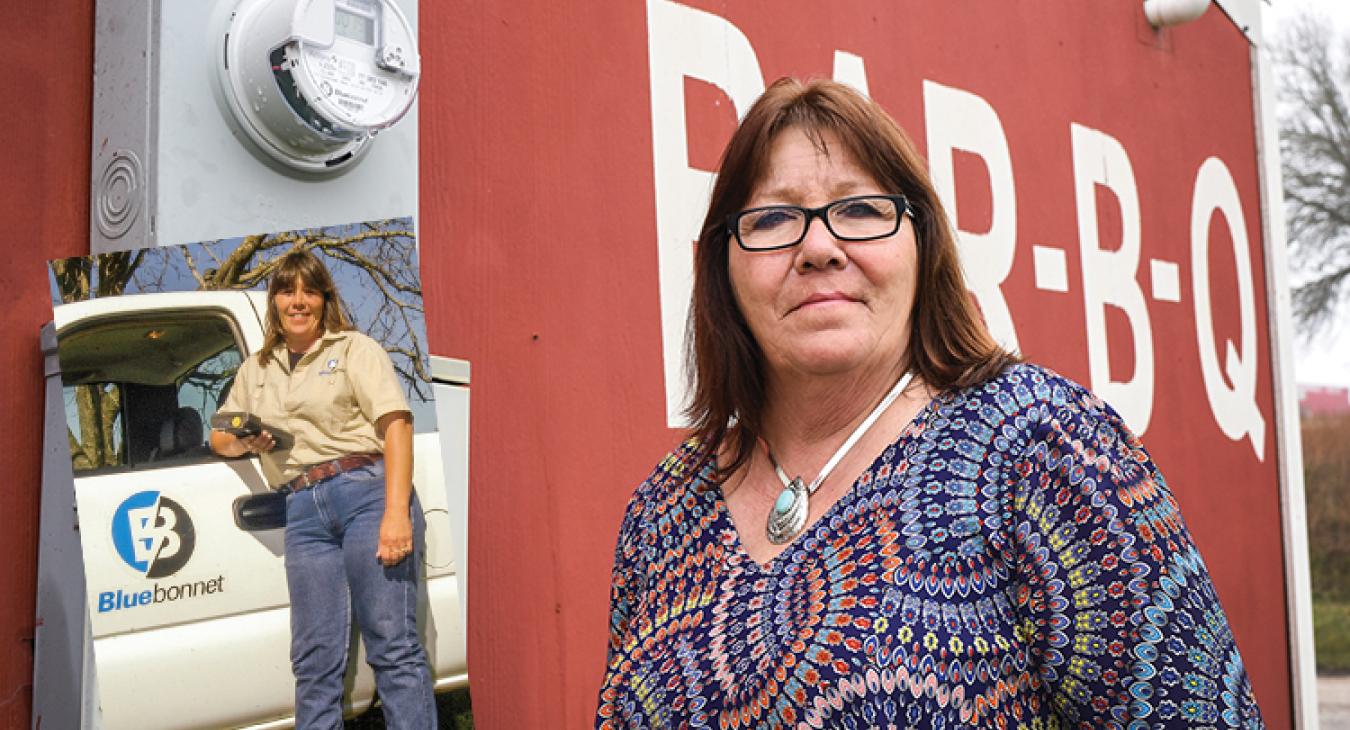 Carla Bates when she was a meter reader, at left, and today, above. She became a Bluebonnet employee in 1999 and recalled a few encounters with wasps, bees and spiders, including one black widow spider that gave her a nasty bite. Now she works to design the location of power lines, poles, equipment and meters for members receiving new service.