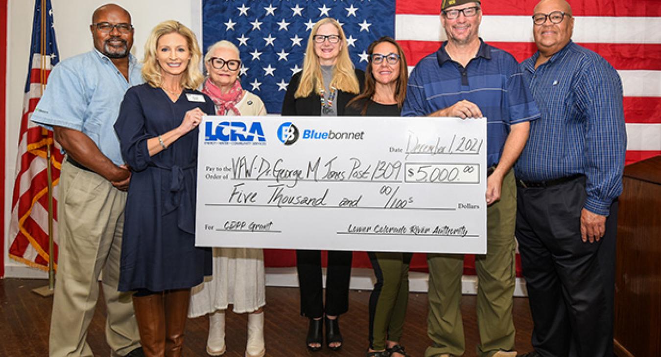 Pictured, from left to right, are: Rick Arnic, LCRA regional affairs representative; Margaret D. “Meg” Voelter, LCRA board member; Deborah Rogers, Bluebonnet community representative; Debbi Goertz, Bluebonnet Board member; Jami Smith-Hanchey, Rising Phoenix Adventures (project partner); Stephen Barthelme, VFW quartermaster; and Roderick Emanuel, Bluebonnet Board vice president/vice-chairman.