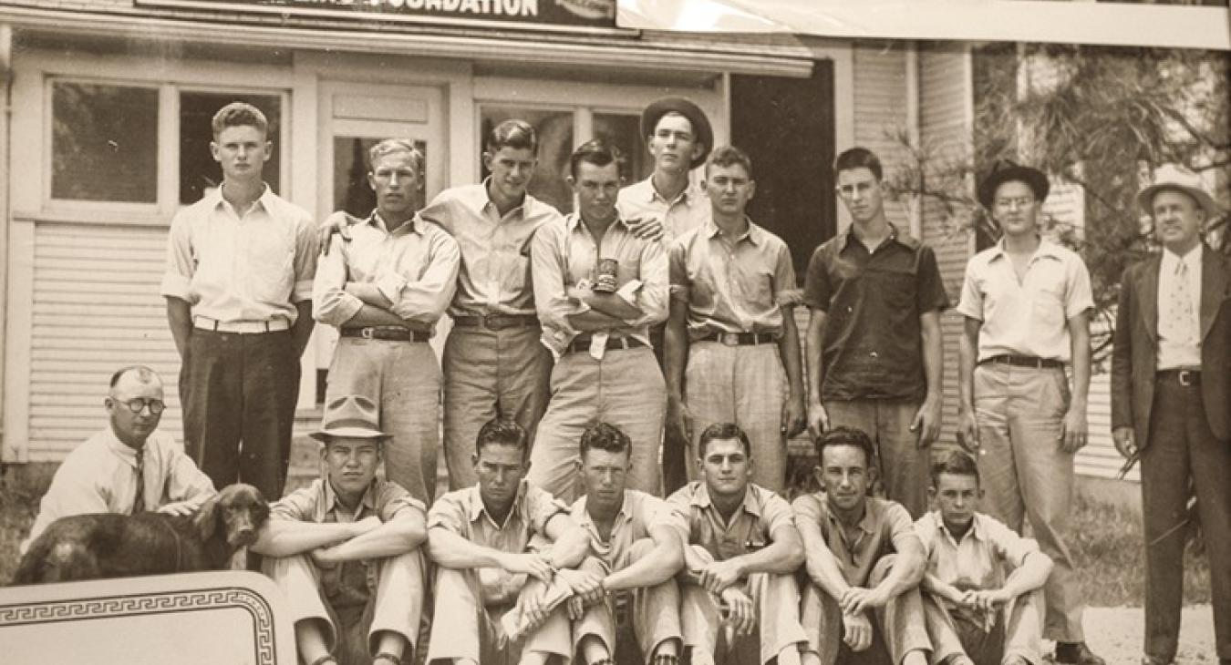 A group of young men, ages 17-22, who took part in the The Luling Foundation's training school established in March of 1934. The one-year program taught hands-on classes in poultry, dairy, livestock and general farming. Historic photos courtesy of the Luling Foundation