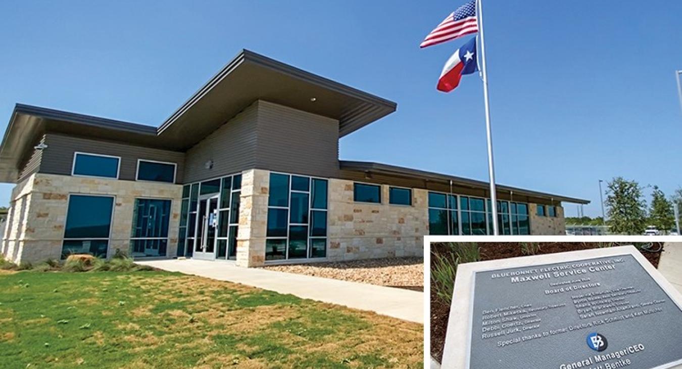 The front of the main building which was built in the same architectural style as other Bluebonnet facilities features a dedication plaque at the main entrance.  (Sarah Beal photos)