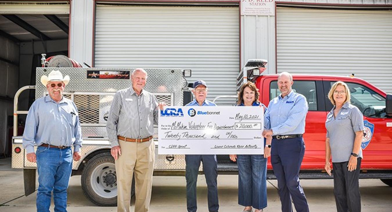 Pictured, from left to right, are: Hoppy Haden, Caldwell County judge; Milton Shaw, Bluebonnet Electric Cooperative Board member; Stramer White, McMahan VFD treasurer; Joyce Buckner, Bluebonnet community representative; Phil Wilson, LCRA general manager; and Lori A. Berger, LCRA board member.