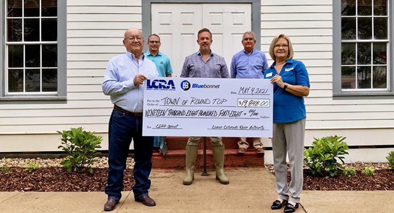 Pictured, from left to right, are: Byron Balke, Bluebonnet Electric Cooperative Board assistant secretary/treasurer; Kyle Merten, Bluebonnet community representative; Mark Massey, Round Top mayor; Mark Johnson, Bluebonnet community representative; and Lori A. Berger, LCRA board member
