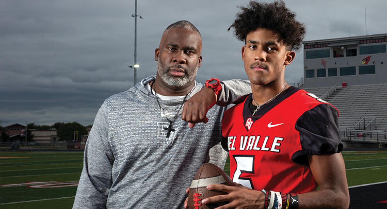 Del Valle head coach Charles Burton and his son, Caleb Burton, a junior wide receiver, at the Cardinal's Veterans Stadium in southeast Travis County. Everyone associated with football — coaches, players, cheer and drill teams, band, faculty and fans — are adjusting to restrictions imposed because of COVID-19. (Rodolfo Gonzalez photo)
