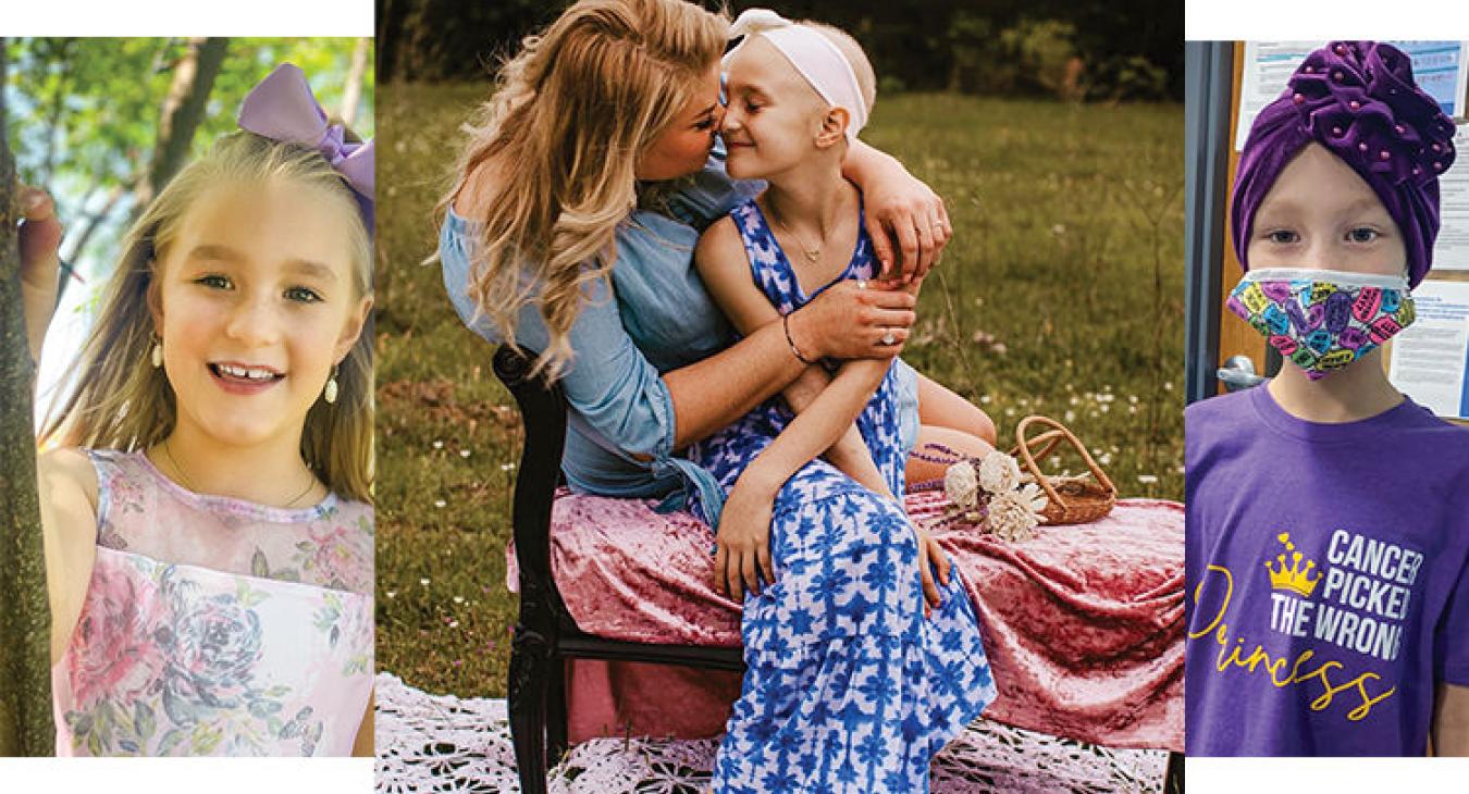 Viviann in an Easter dress in 2020; a touching portrait of Viviann with mother, Kelsey Snow, taken in April 2021, and Viviann in her purple princess T-shirt at a doctor’s appointment in May. The statement T-shirts were sold as part of a fundraiser to cover costs of her treatment. (Portrait of mother and daughter by Brittany O’Brien of Wild Lovers Photography)