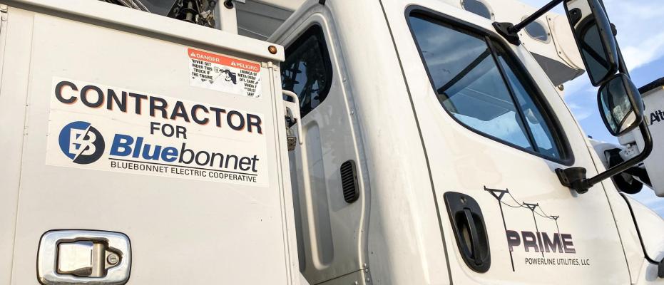 Prime Powerline Utilities, LLC., a Bluebonnet contractor, displays both the company logo and the Bluebonnet contractor logo on it's work vehicle.